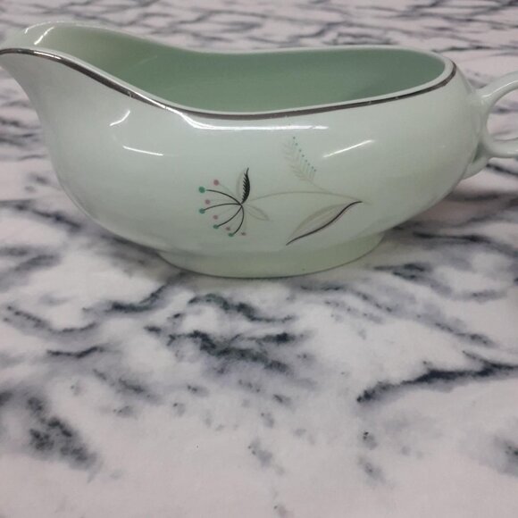 Vintage MCM Ballerina Universal Pottery CO. Gravy Boat w/ Tray Atomic Flowers - Picture 2 of 8